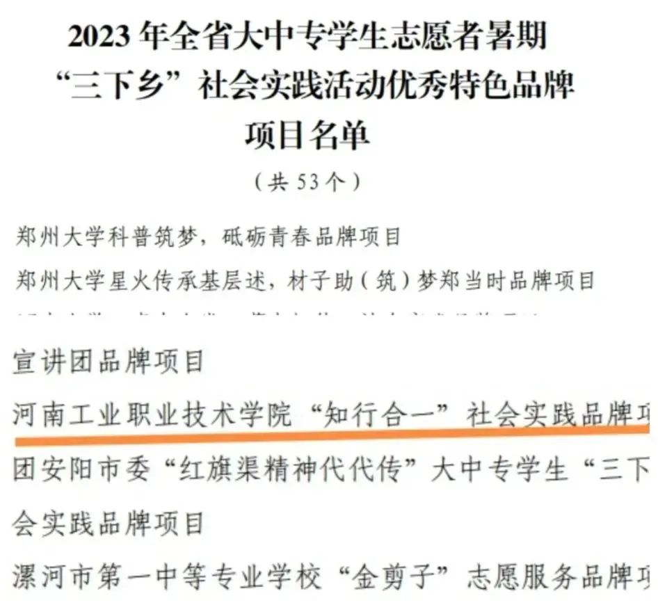 河南工业职业技术学院社会实践品牌项目荣获省三下乡社会实践优秀特色品牌项目