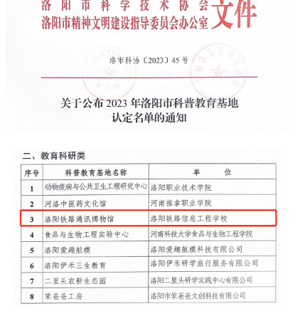 洛阳铁路信息工程学校通讯博物馆入选2023年洛阳市科普教育基地